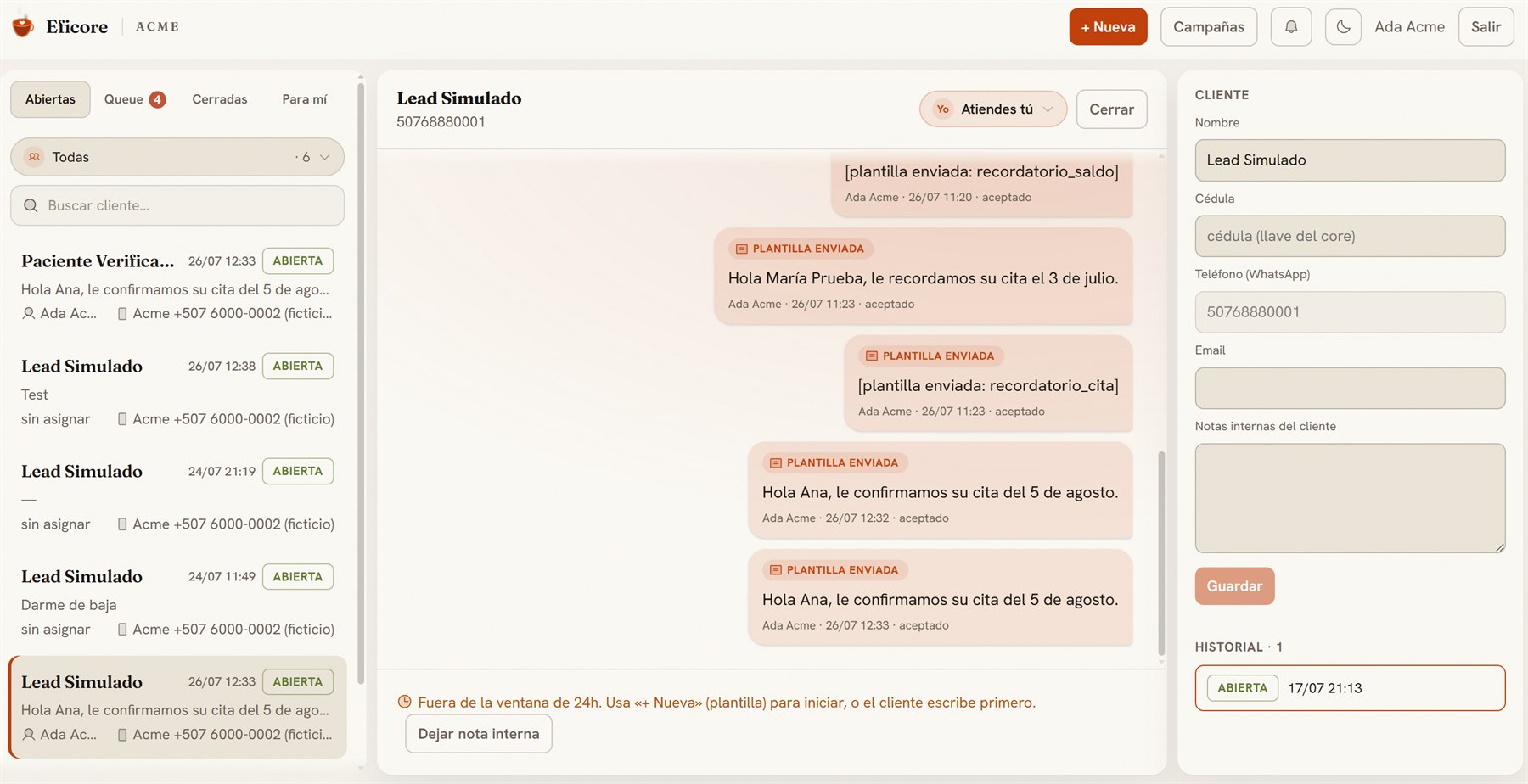 Bandeja compartida de Eficore: lista de conversaciones con estado y responsable, hilo con historial de plantillas enviadas, y panel del cliente a la derecha.
