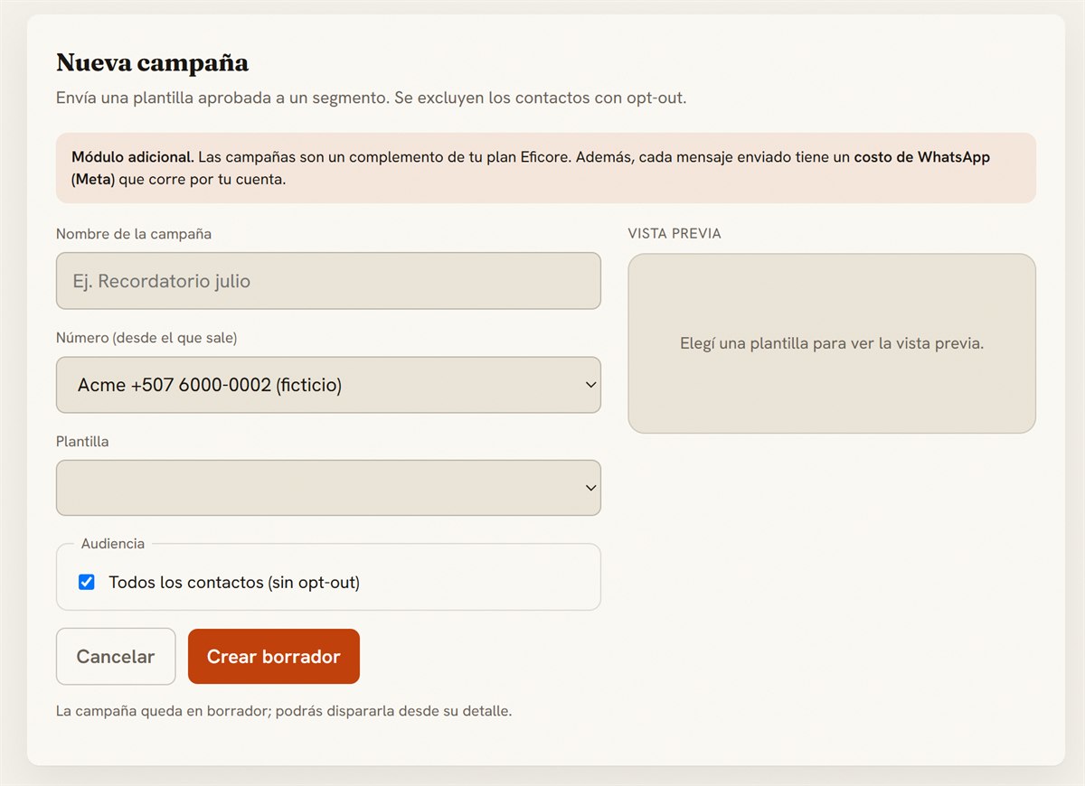 Formulario de nueva campaña en Eficore: advierte que se excluyen los contactos con opt-out y declara que el costo de WhatsApp de Meta corre por cuenta del cliente.