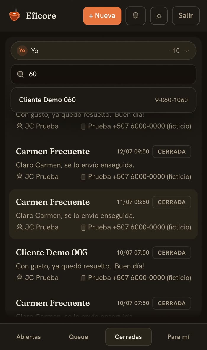 Eficore en el celular: búsqueda de clientes (tema espresso)