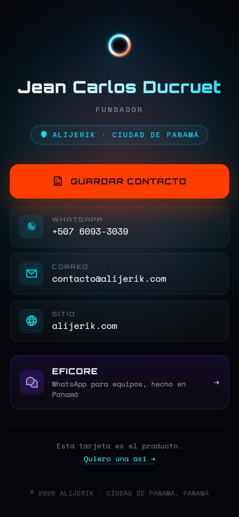 Una tarjeta digital abierta en un teléfono: nombre, cargo y botón para guardar el contacto.